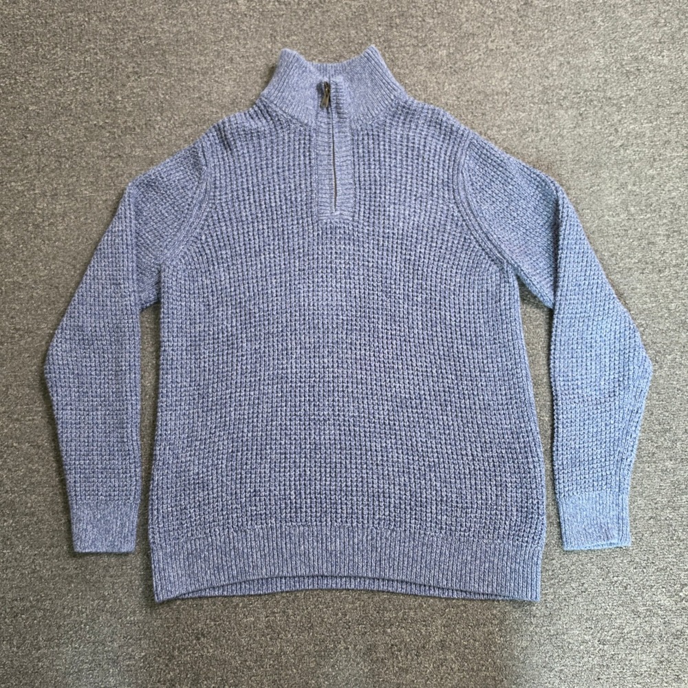 LL Bean 1/4 Zip Sweater Blue Mens Medium Organic Cotton Waffle Knit Hike 508120